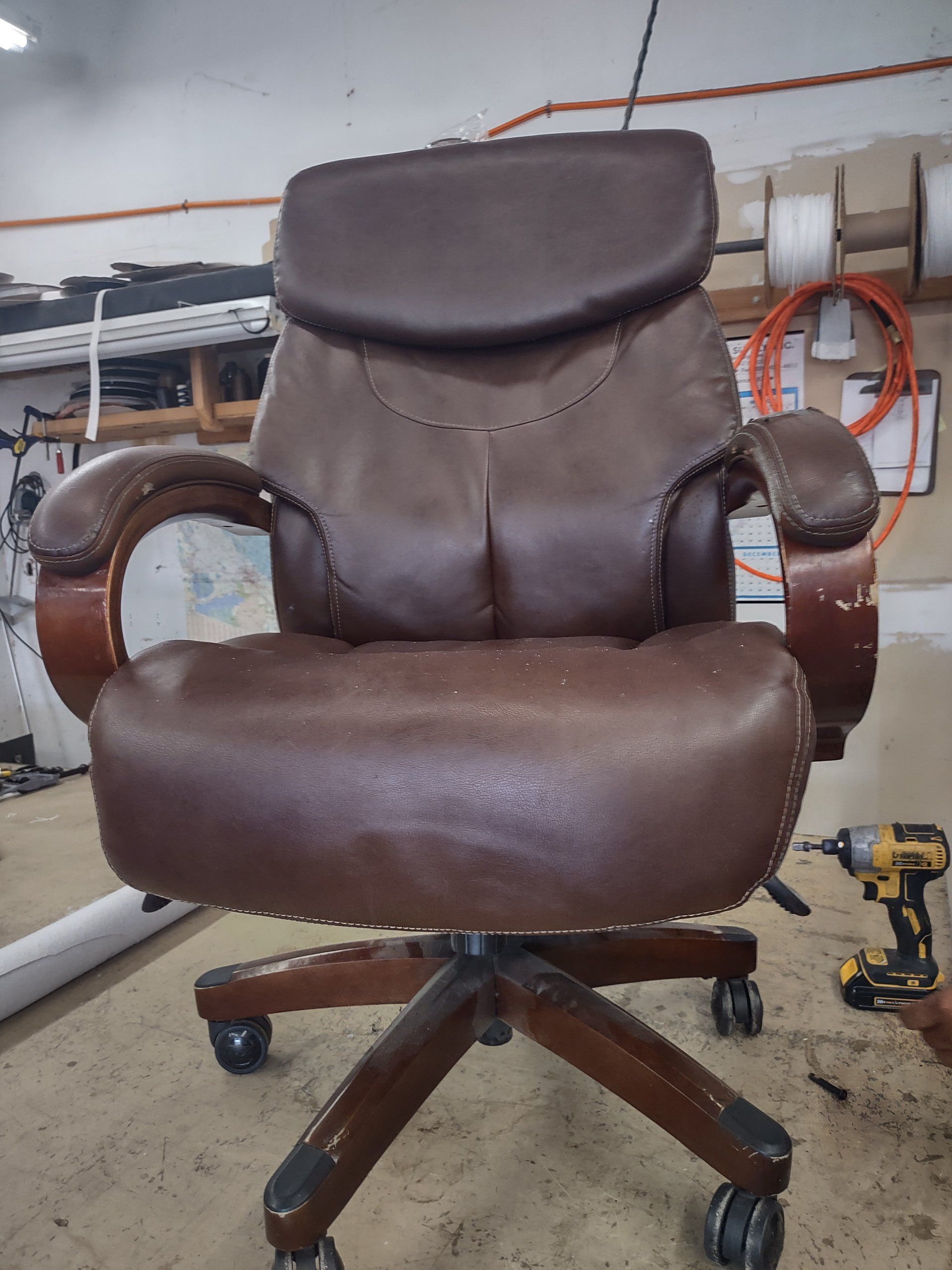 Wood office chair with leather upholstery