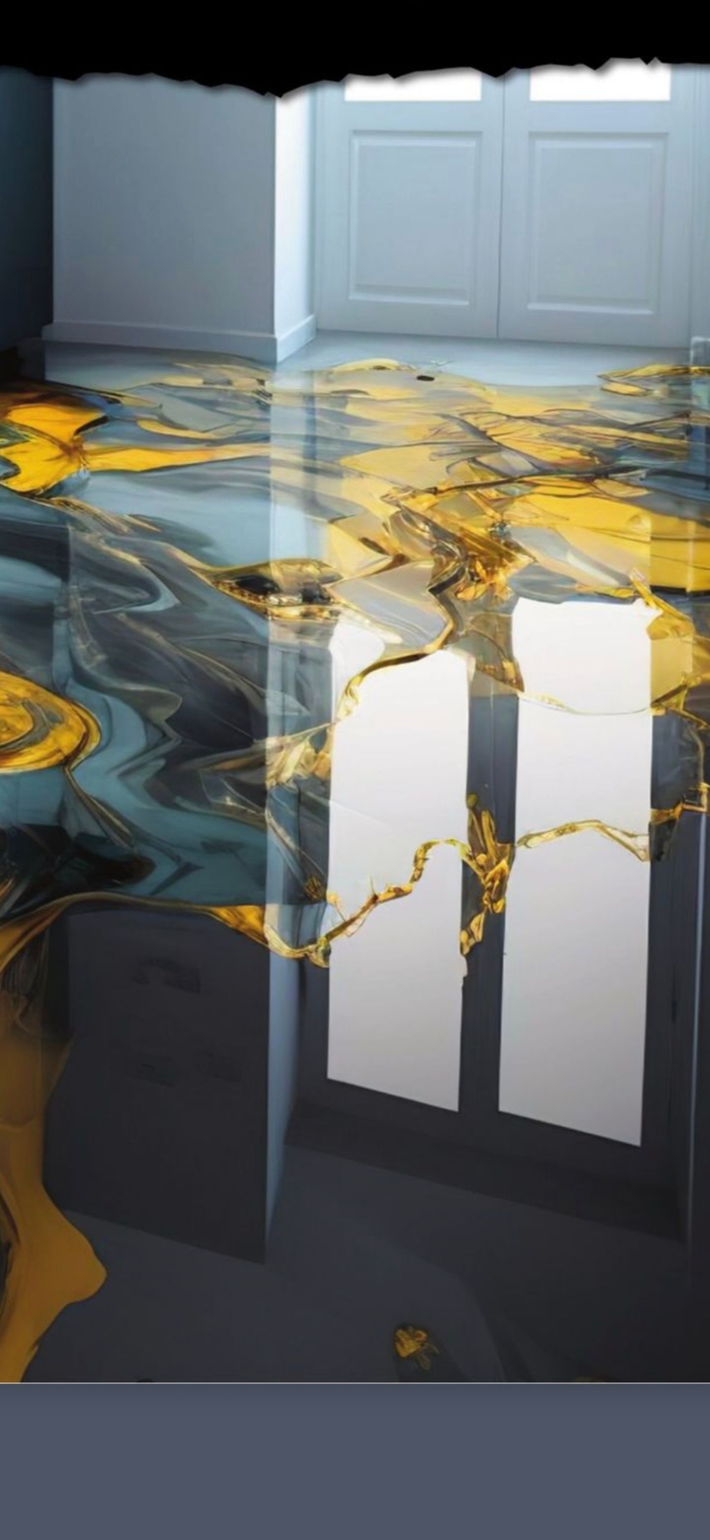 A glossy, dark floor with gold and teal swirls reflects a bright window, doors, and walls.