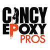 Logo: "CANCY EPOXY PROS" in black text with red "EPOXY PROS." Silhouette of a worker with an epoxy trowel.