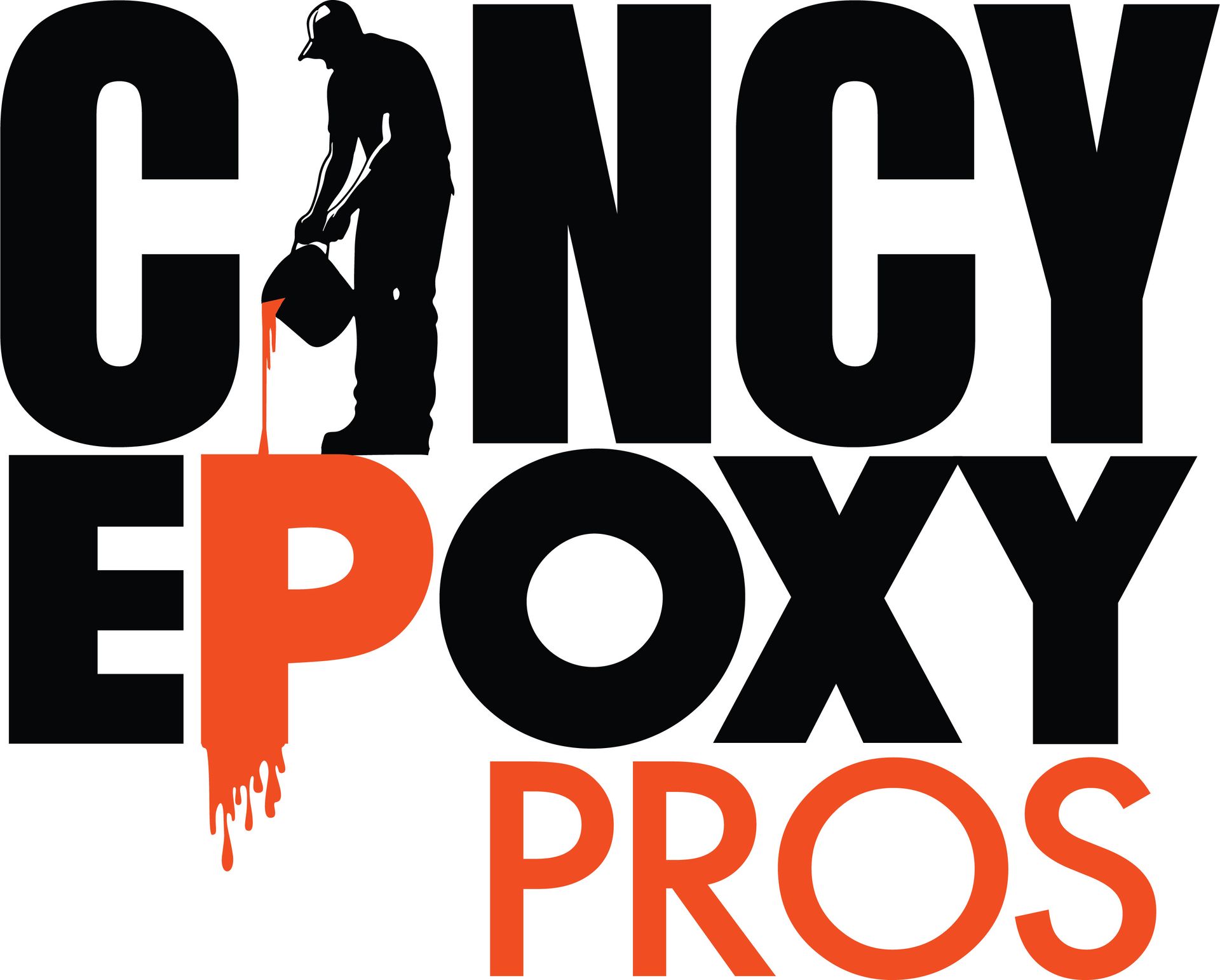 Logo: "Cincy Epoxy Pros". Black text with a worker pouring orange epoxy. Orange "Epoxy Pros" with drips.