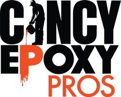 Logo: "Cincy Epoxy Pros". Black text with a worker pouring orange epoxy. Orange "Epoxy Pros" with drips.