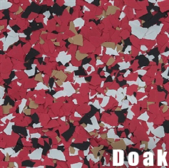 Red, black, white, and tan floor flakes pattern named