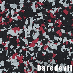 Multi-colored floor coating with black, red, and white chips; labeled “Daredevil.”
