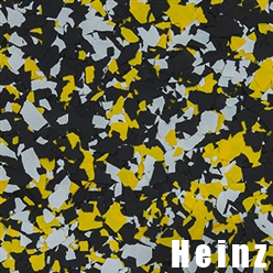 Floor coating sample with yellow, black, and white chips, labeled