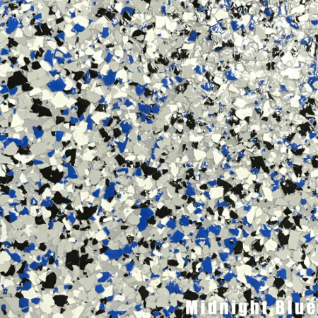 Midnight Blue garage floor coating with blue, black, white, and gray flakes.