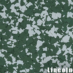 Green and white floor coating flakes, labeled