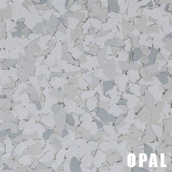 Opal-colored epoxy floor coating with speckled white, gray, and light blue chips.