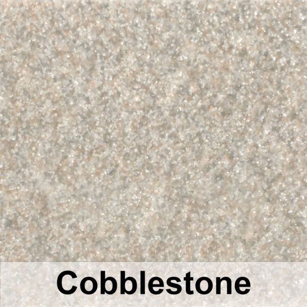 Cobblestone-textured surface, primarily beige and light gray, with a speckled appearance.
