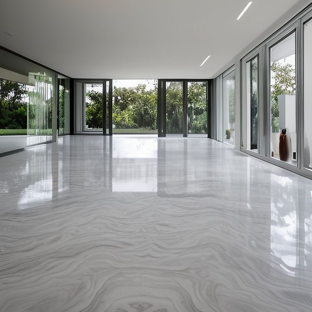 Modern room with glossy white marble floor and large glass windows.