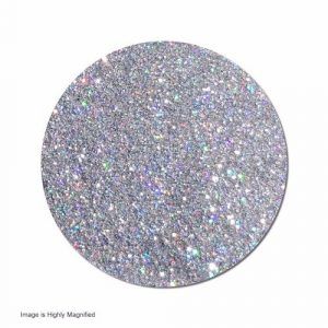 Circular pile of silver glitter with rainbow sparkles.