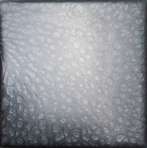 Abstract artwork of a textured, mottled surface, primarily in shades of gray, with a brighter central area.