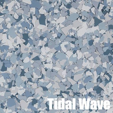 Close-up of a speckled floor coating, Tidal Wave design, with shades of blue, gray, and white.