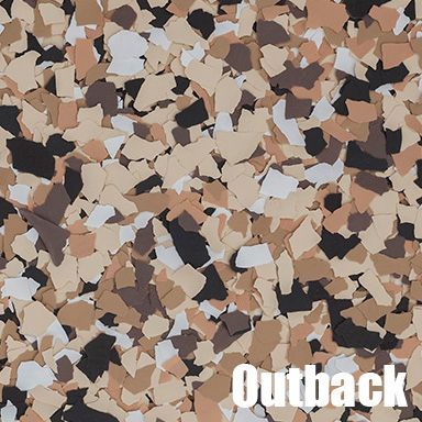 Outback-colored floor coating with tan, black, and white flakes.