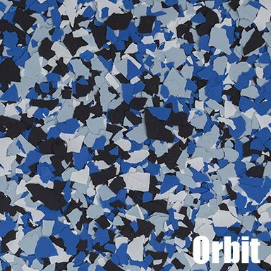 Blue, black, and gray epoxy floor flakes, with