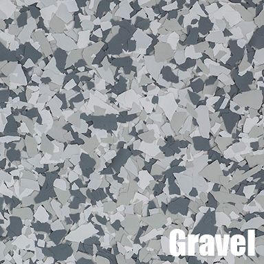 Gray, white, and dark gray decorative floor flakes, labeled
