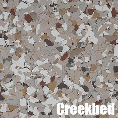 Close-up of a speckled floor coating, featuring tan, brown, and white chips, labeled