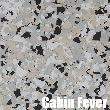 Cabin Fever floor coating with grey, black, tan, and white flakes.