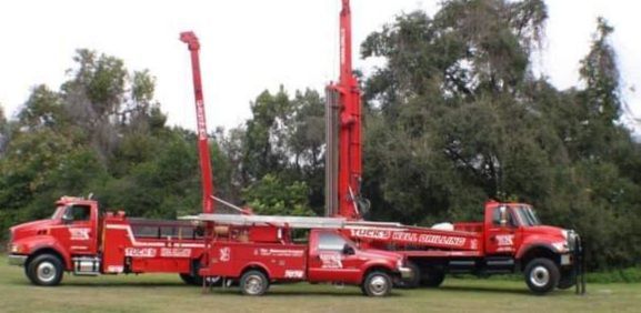 Two red fire trucks with extended ladders parked side by side on grass near trees