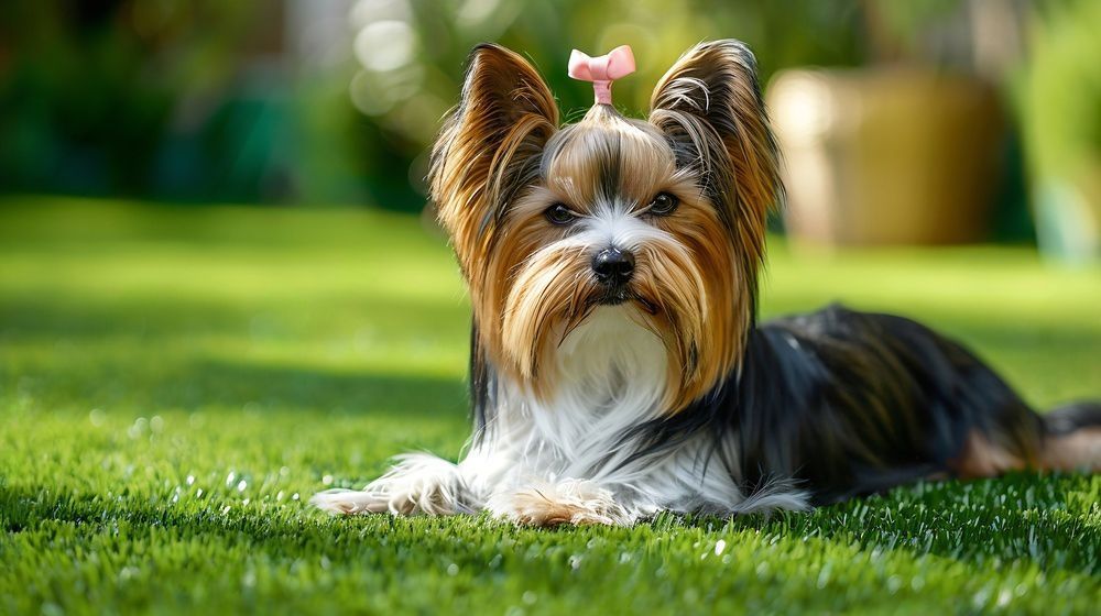 Small, tricolor dog with a pink bow in its hair lies on green grass.