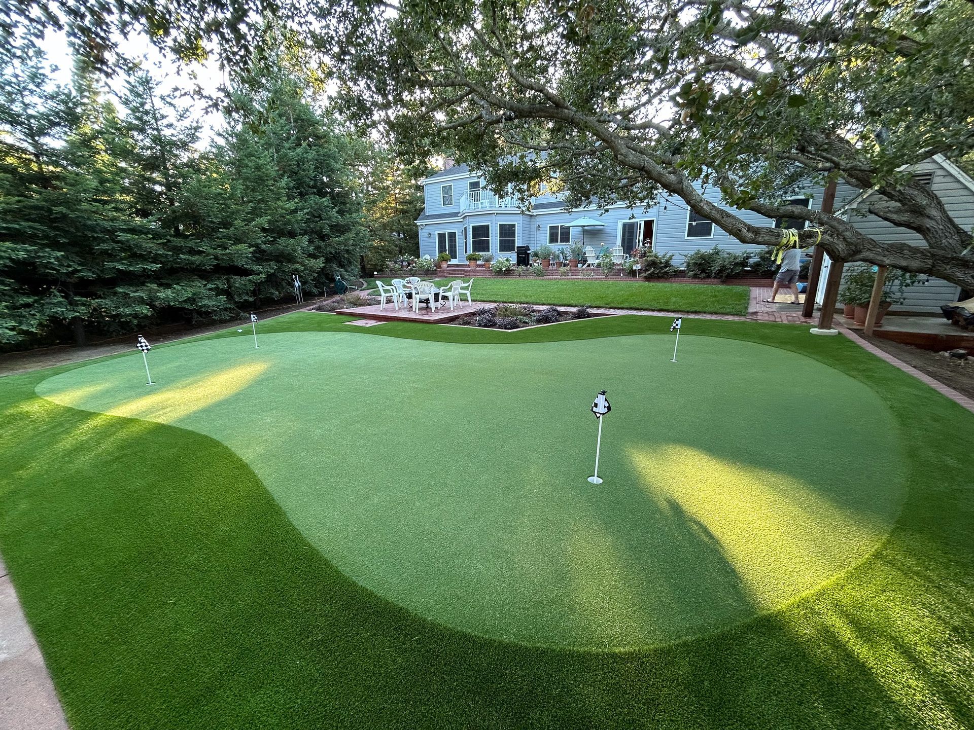 Backyard putting green with multiple holes, surrounded by lush green grass, a house in the background.