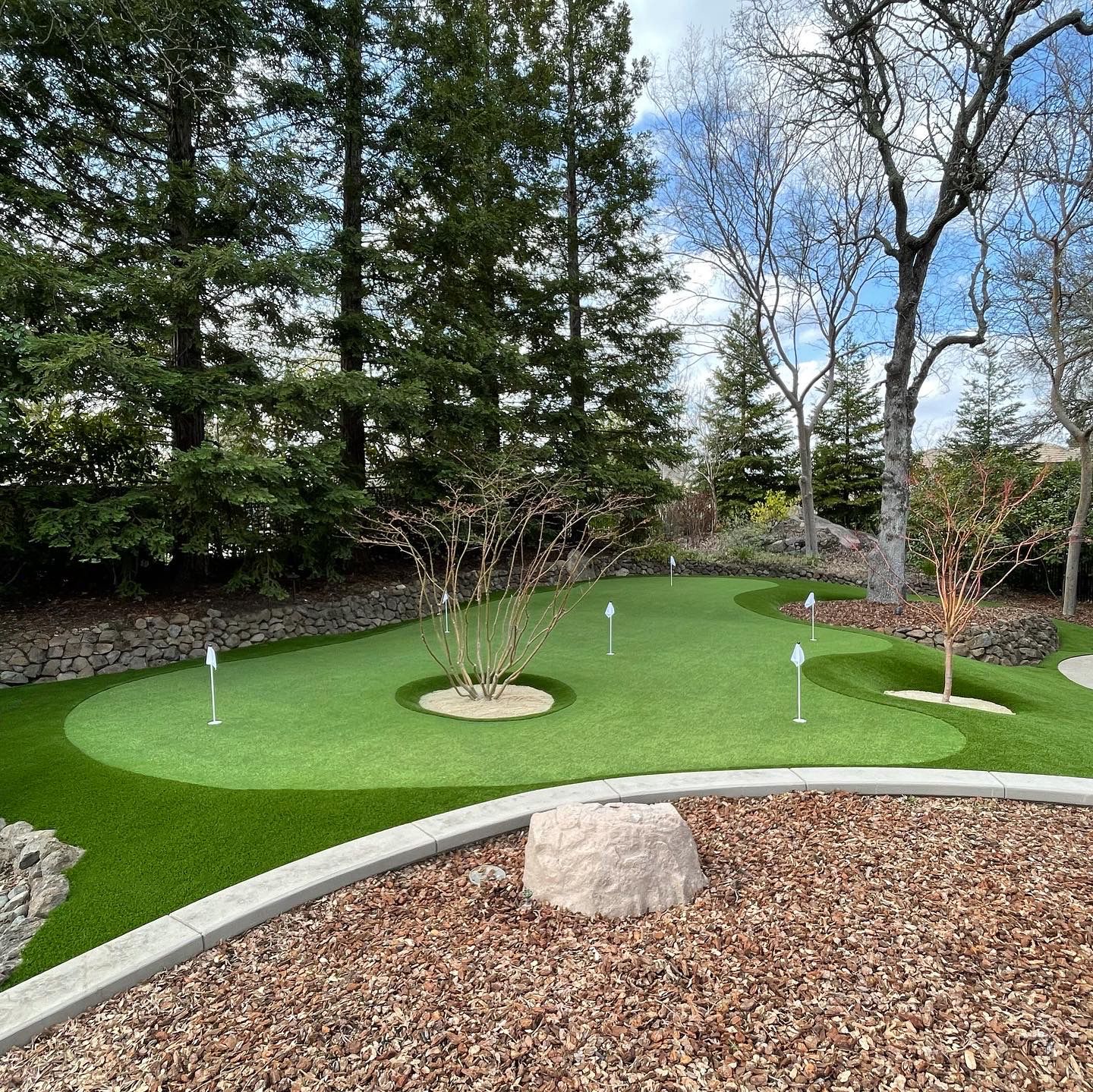 A small golf course with artificial green turf, rock borders, and trees in a residential setting.