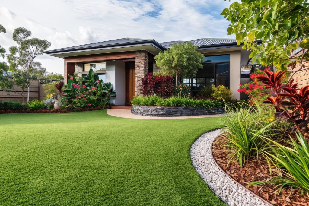 A modern house with a green lawn and landscaped garden under a cloudy blue sky.