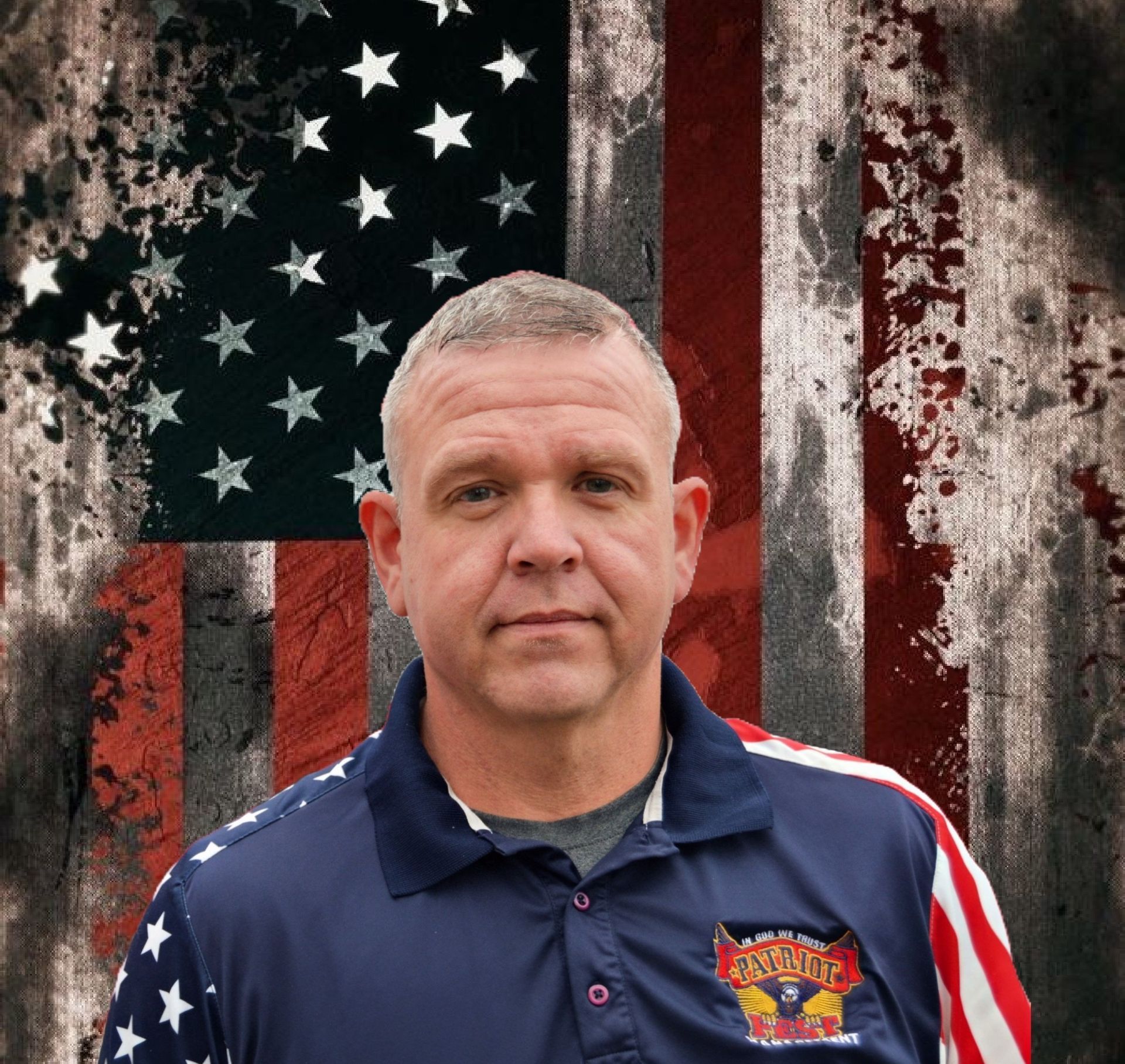 A person in a flag-themed polo shirt stands in front of a distressed, vintage-style American flag background.