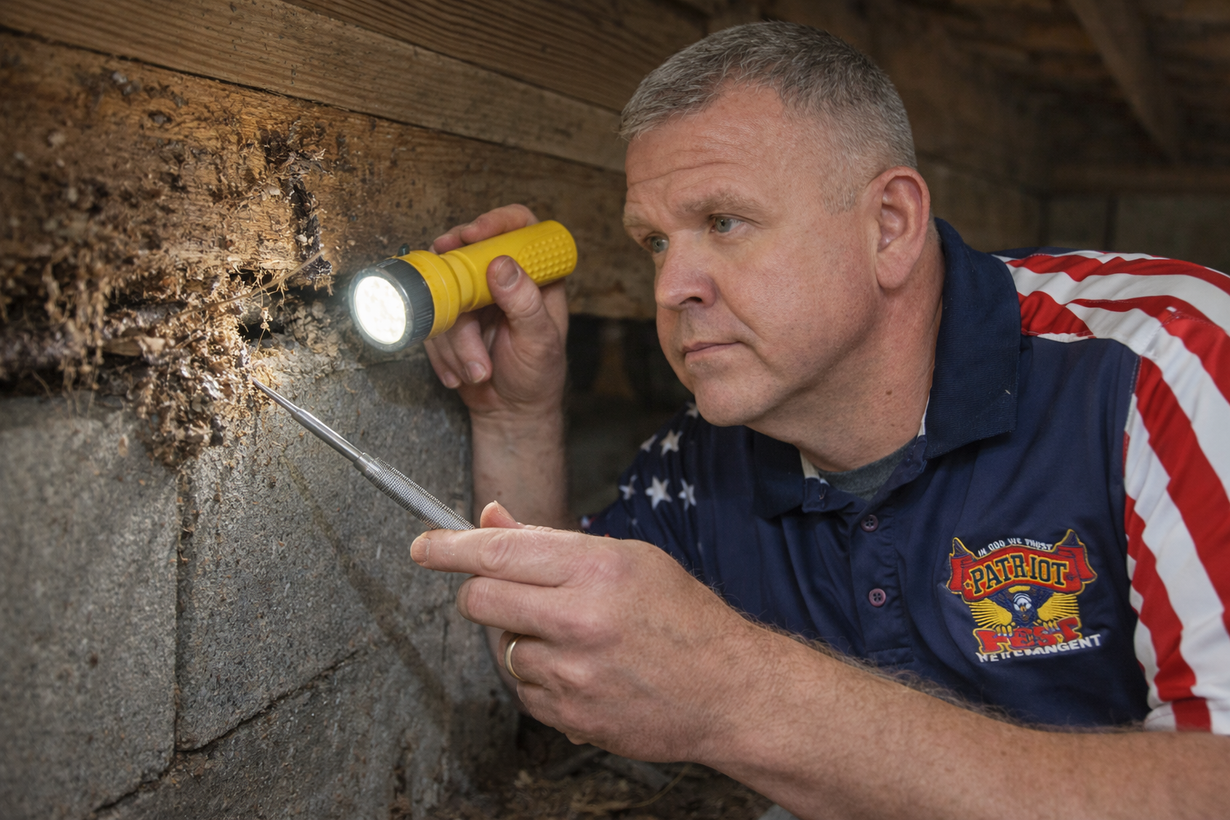 Man inspecting a crack in a concrete wall with a flashlight and pointer tool in a crawlspace