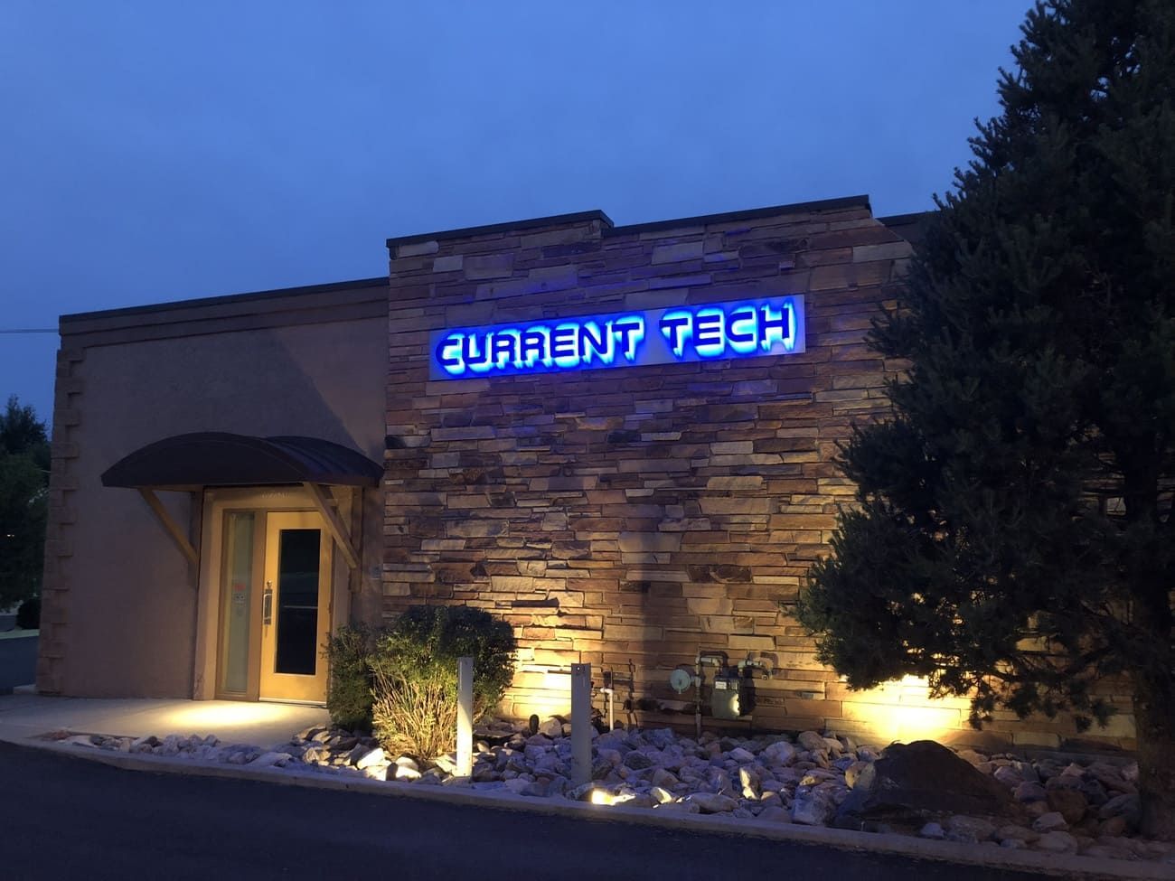 Halo Illuminated LED Channel Letters on Stainless Backer Panel Current Tech Lakewood Colorado Halo Illuminated LED Channel Letters on Stainless Backer Panel Current Tech Lakewood Colorado