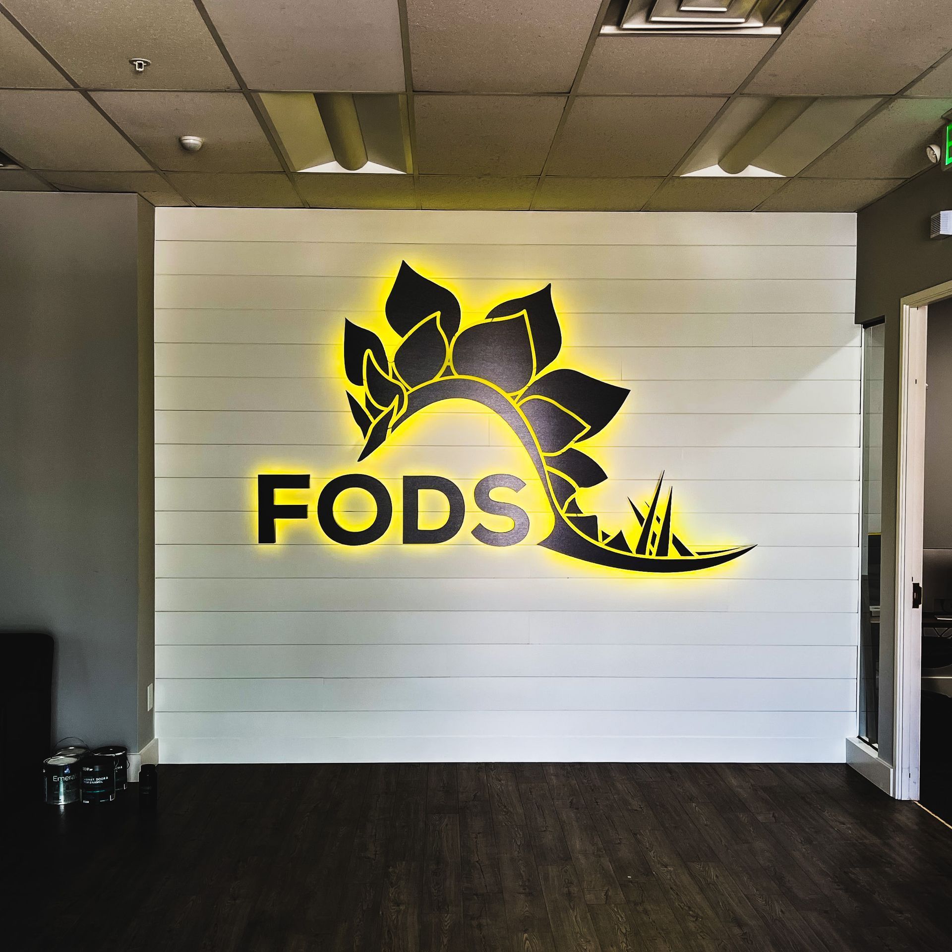 Custom RGB LED Halo Illuminated Brand Decor Lobby Sign Wifi Controlled FODS Office Centennial Colorado Custom RGB LED Halo Illuminated Brand Decor Lobby Sign Wifi Controlled FODS Office Centennial Colorado