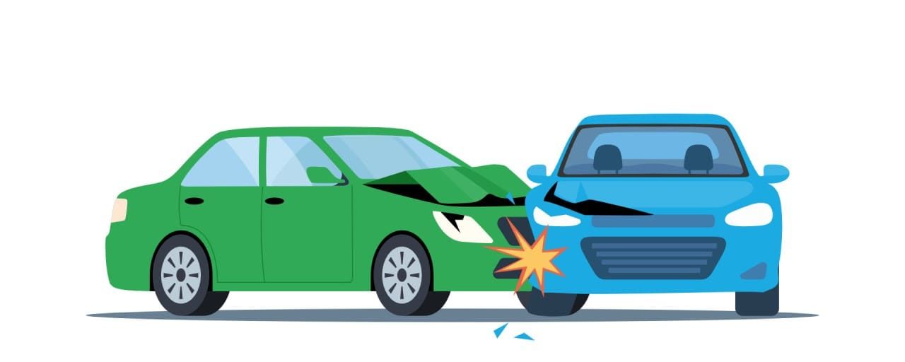 Green and blue cars collide in a side-impact crash, with visible damage and sparks.