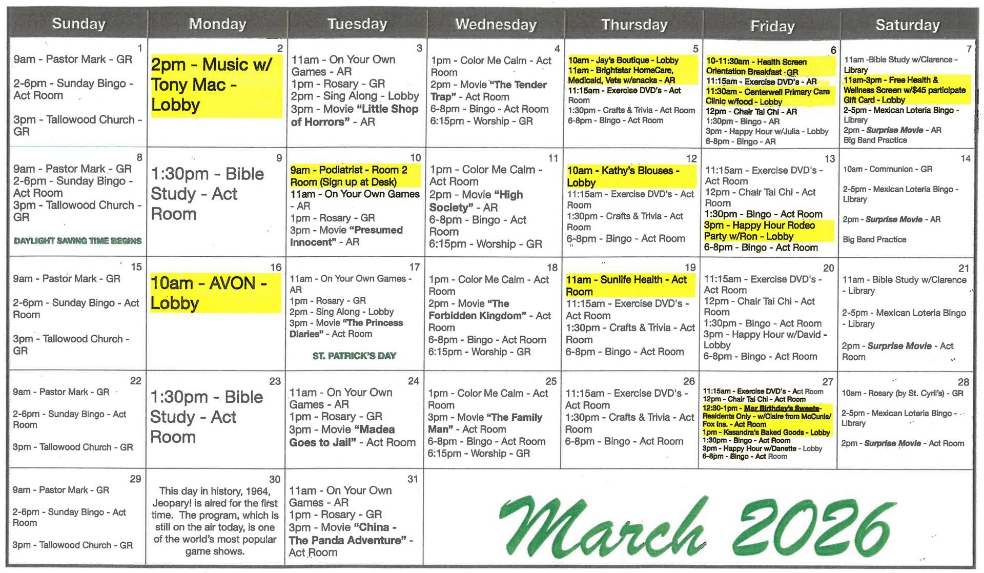 March 2026 calendar with highlighted events. Includes times, locations, and descriptions of scheduled activities.