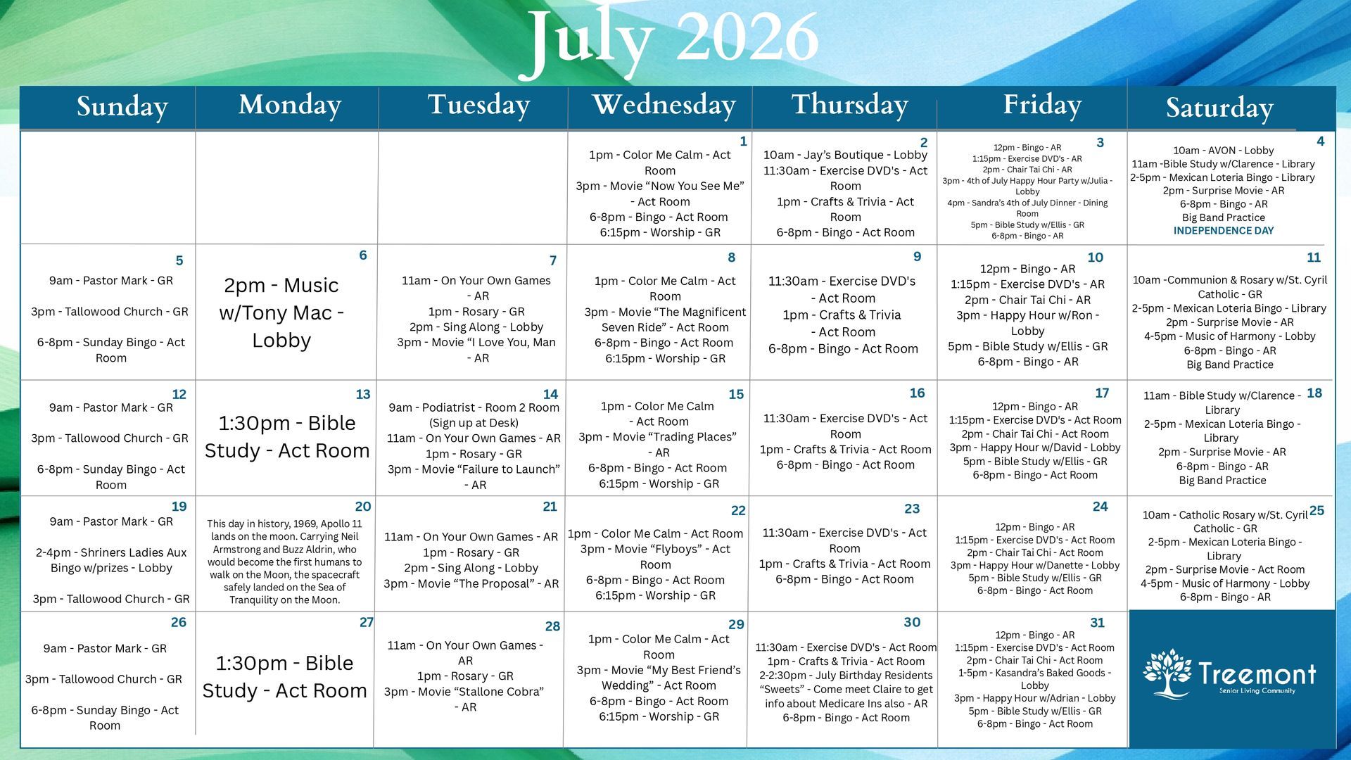 Treemont July 2026 schedule of activities