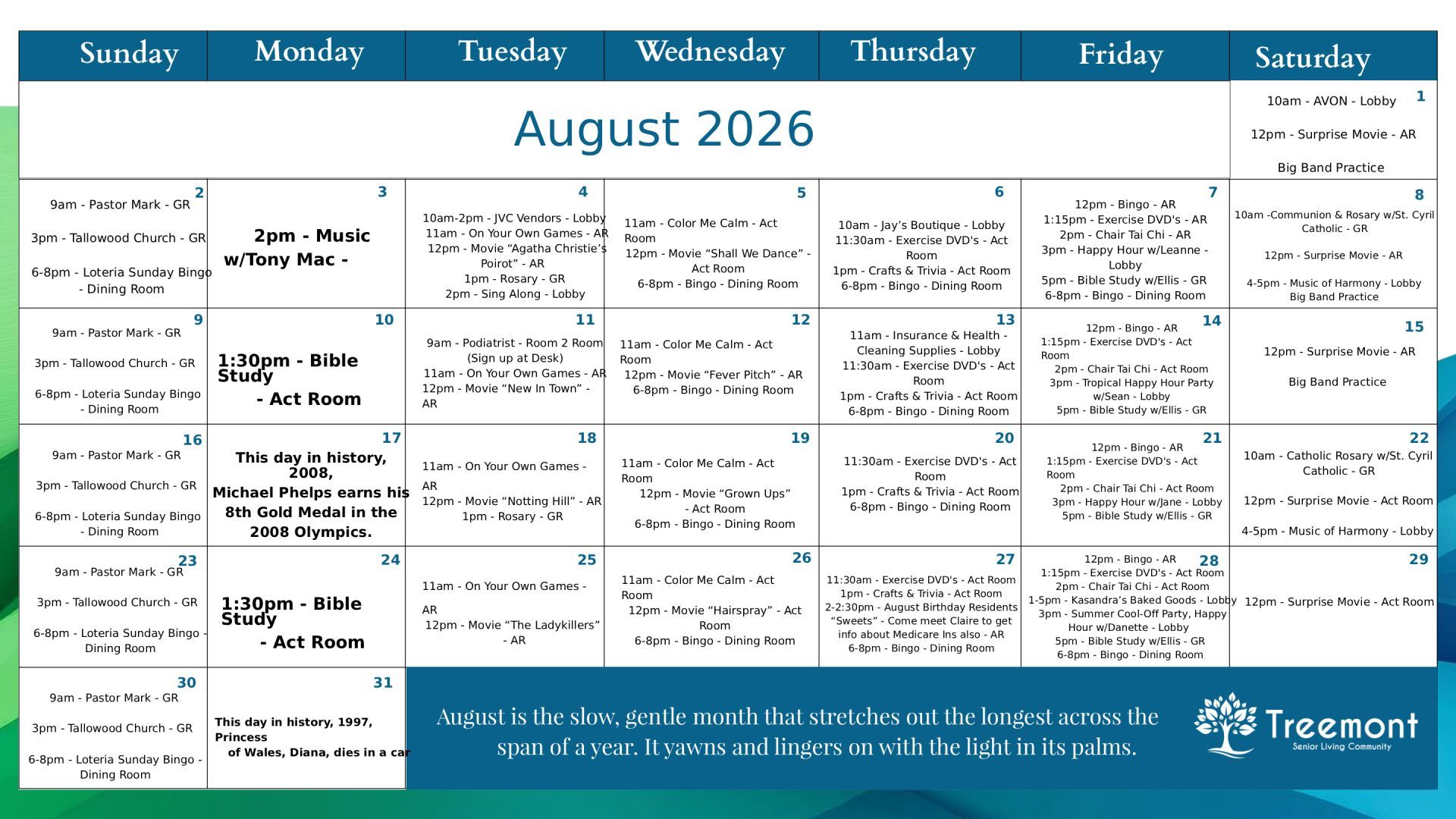August 2026 monthly calendar in teal and white with weekdays across the top and scheduled events in each date box