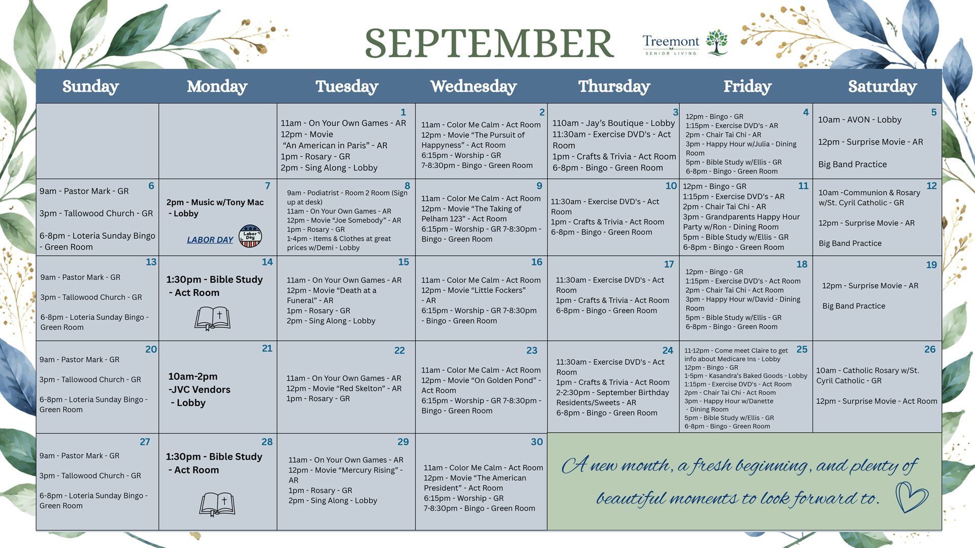 September calendar with notes in a blue-gray floral design