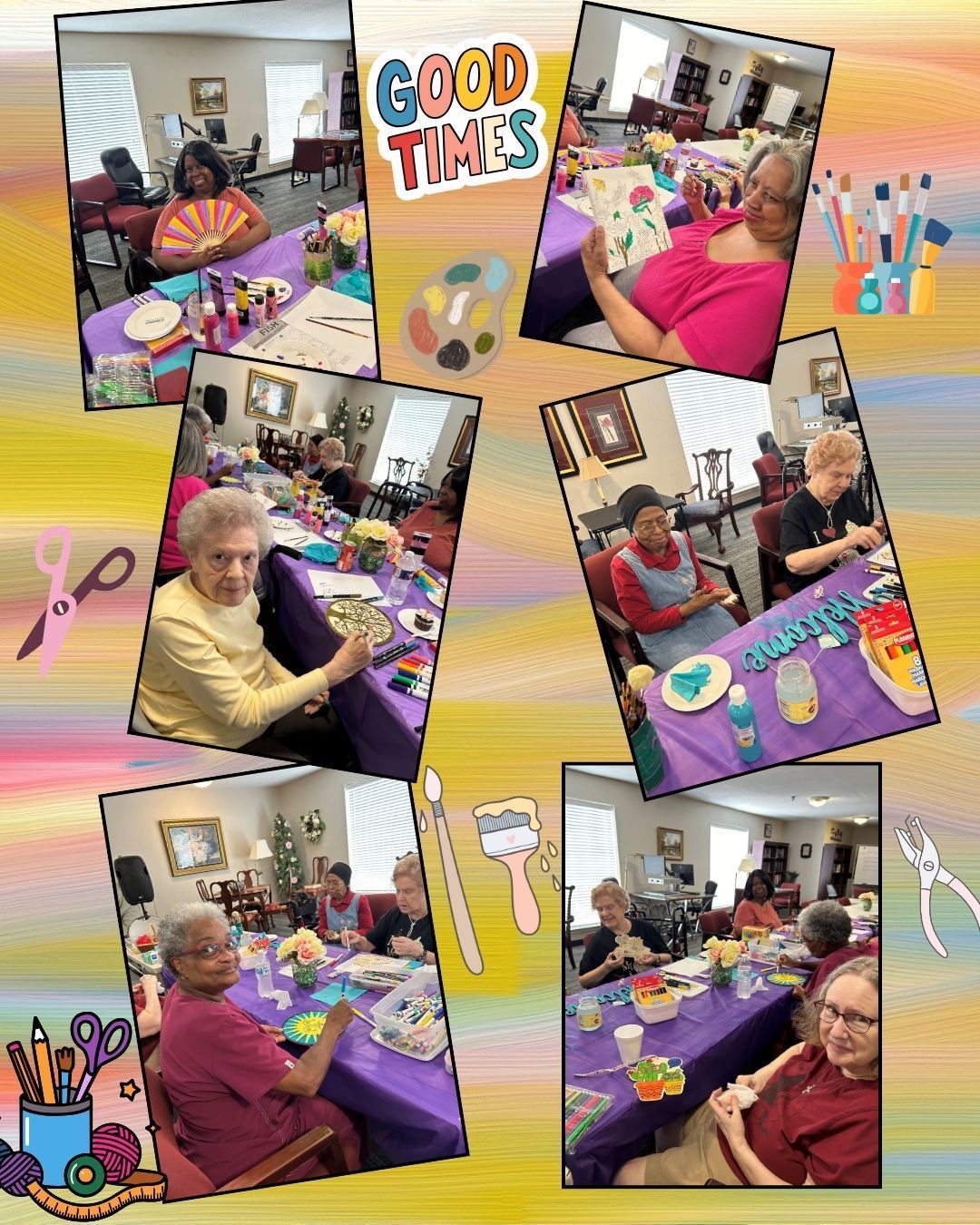 Seniors at a table painting. Good times label. Bright colors, diverse group enjoying art.