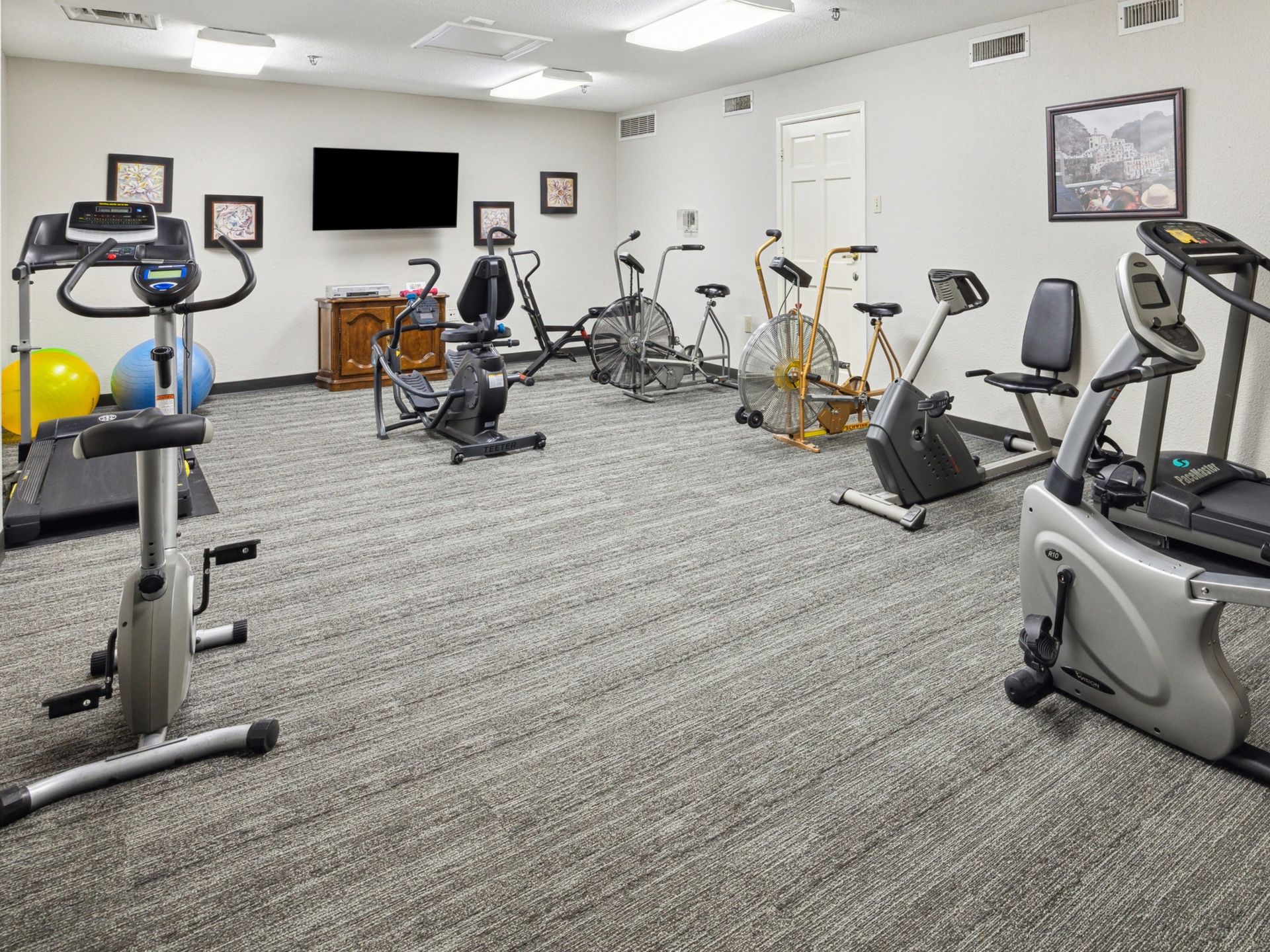Gym with various exercise bikes, treadmill, and fitness balls on a gray carpeted floor. White walls, and TV.