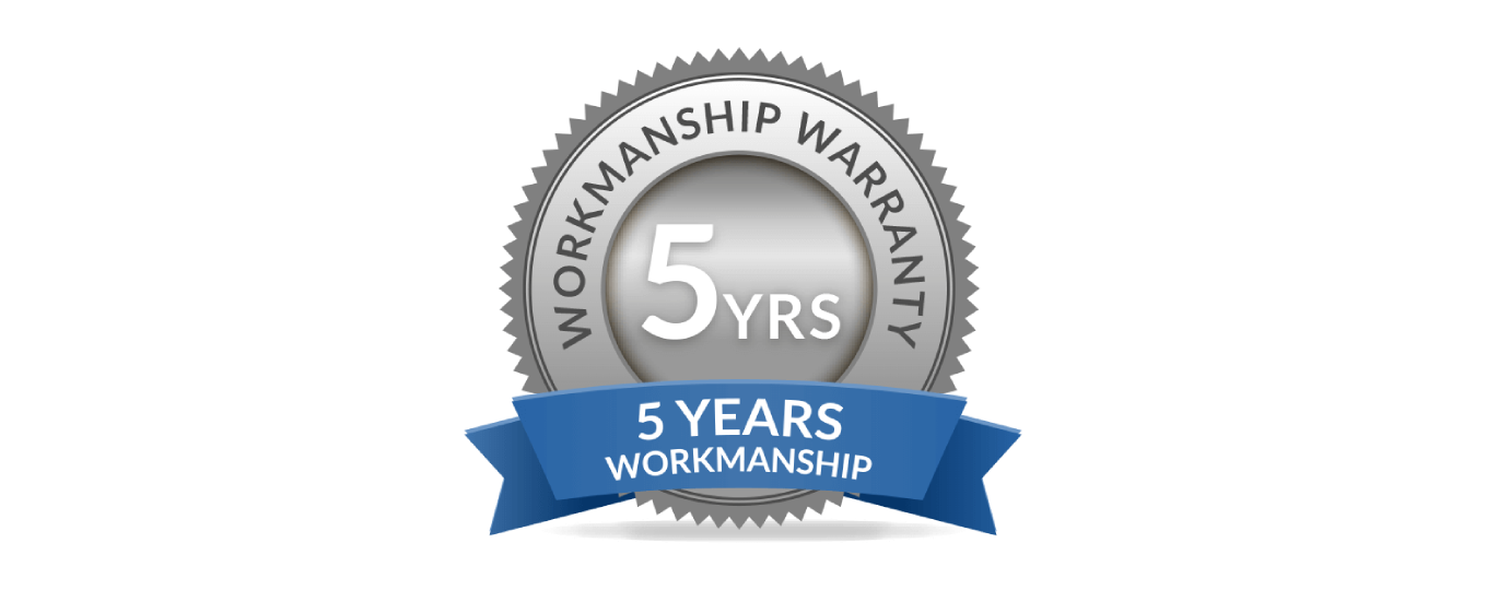 Gray and blue 5-year workmanship warranty badge with ribbon and gear-like border