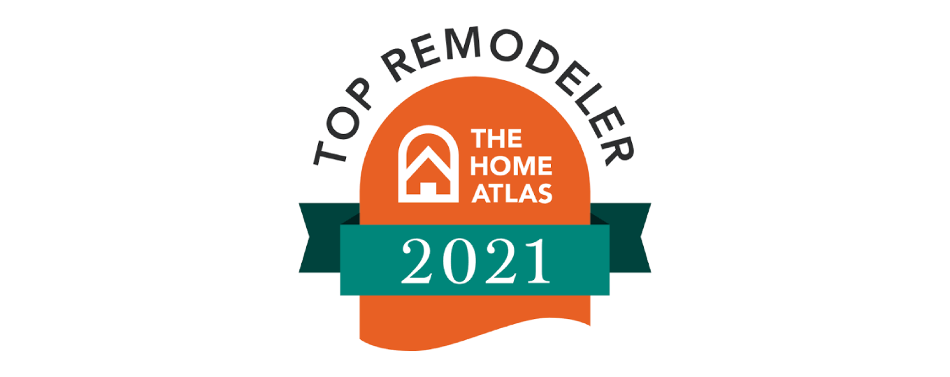 Top Remodeler badge from The Home Atlas, with orange house icon and teal ribbon, labeled 2021