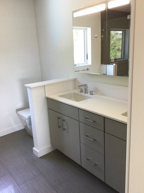 A bathroom with a sink , mirror and toilet