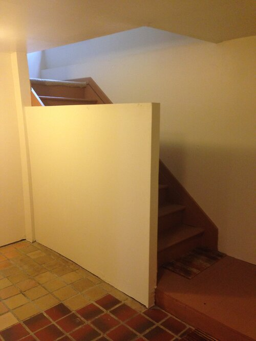 A staircase in a basement with a white wall between it and the stairs.