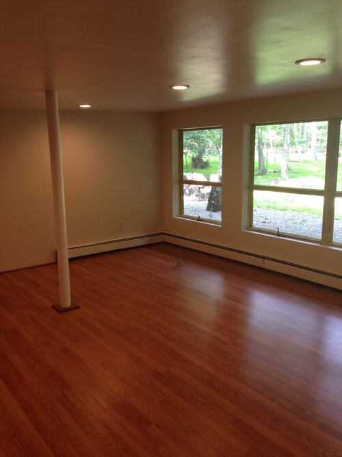 An empty living room with hardwood floors and lots of windows.