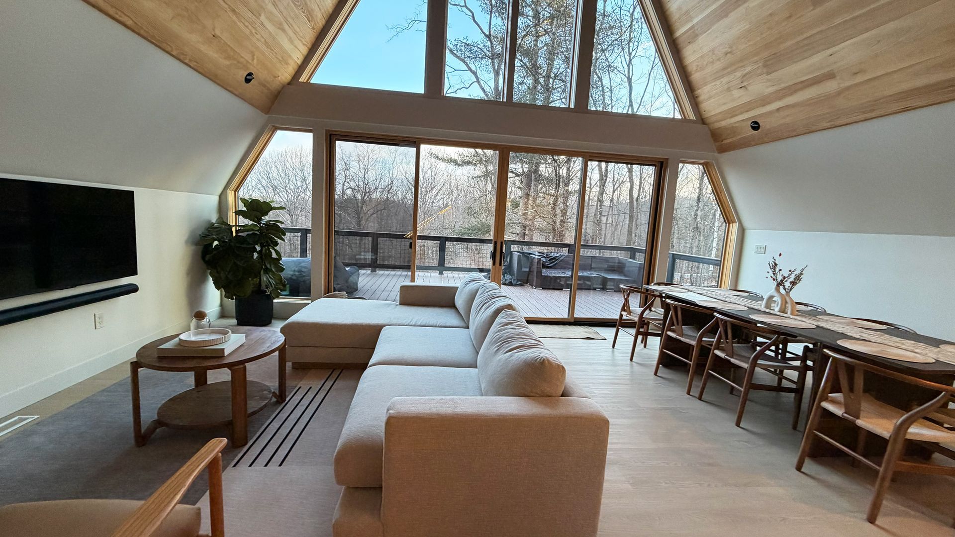 A bright, modern A-frame living area