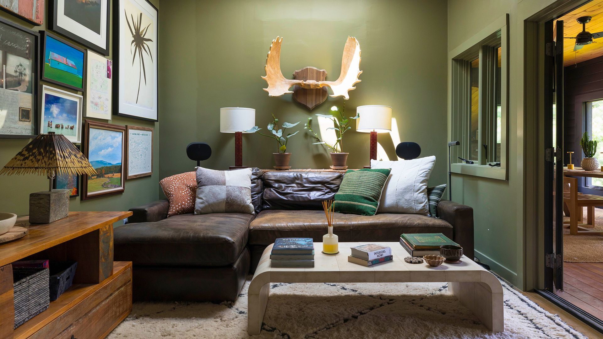 A cozy living room with a brown sofa
