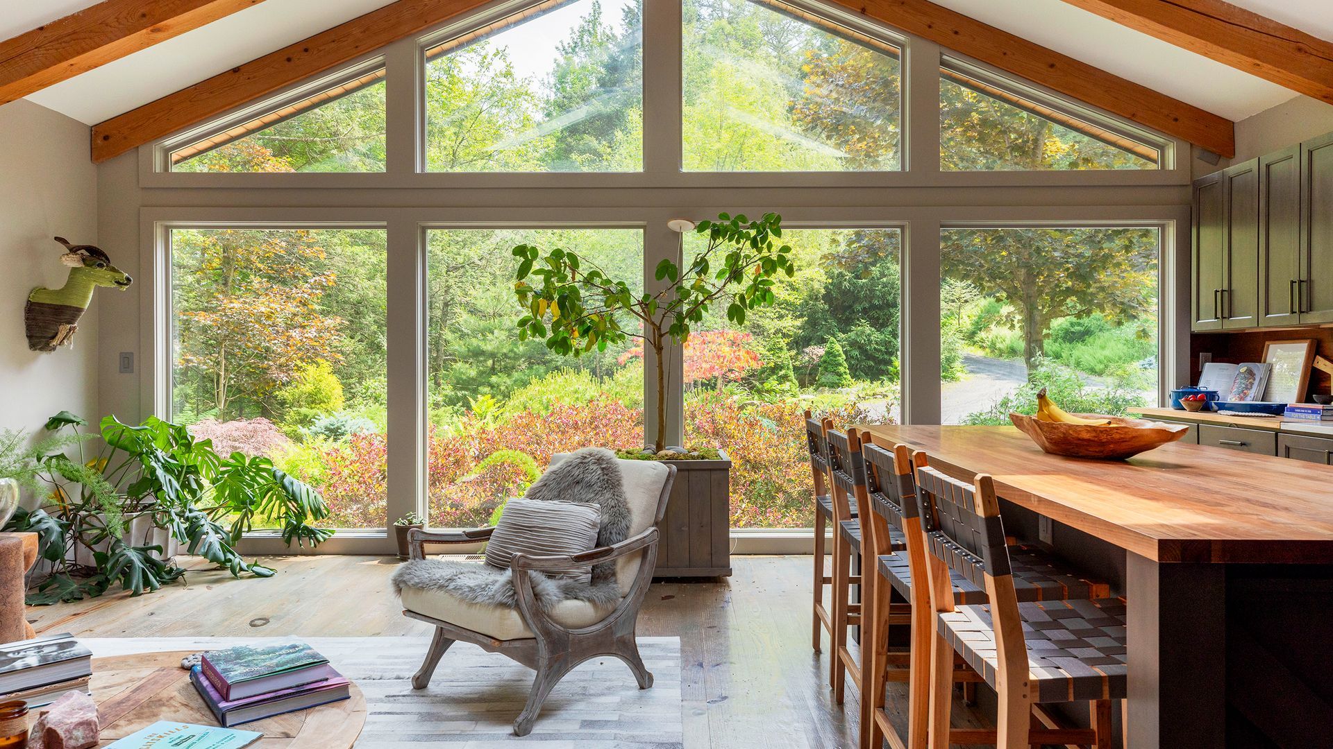 A bright, open-plan room with vaulted ceilings