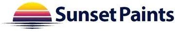 Sunset Paints logo with multicolored sunset stripes and blue text