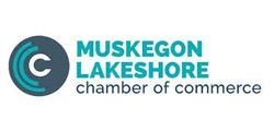Logo of Muskegon Lakeshore chamber of commerce. Teal and gray circular icon and text on a white background.