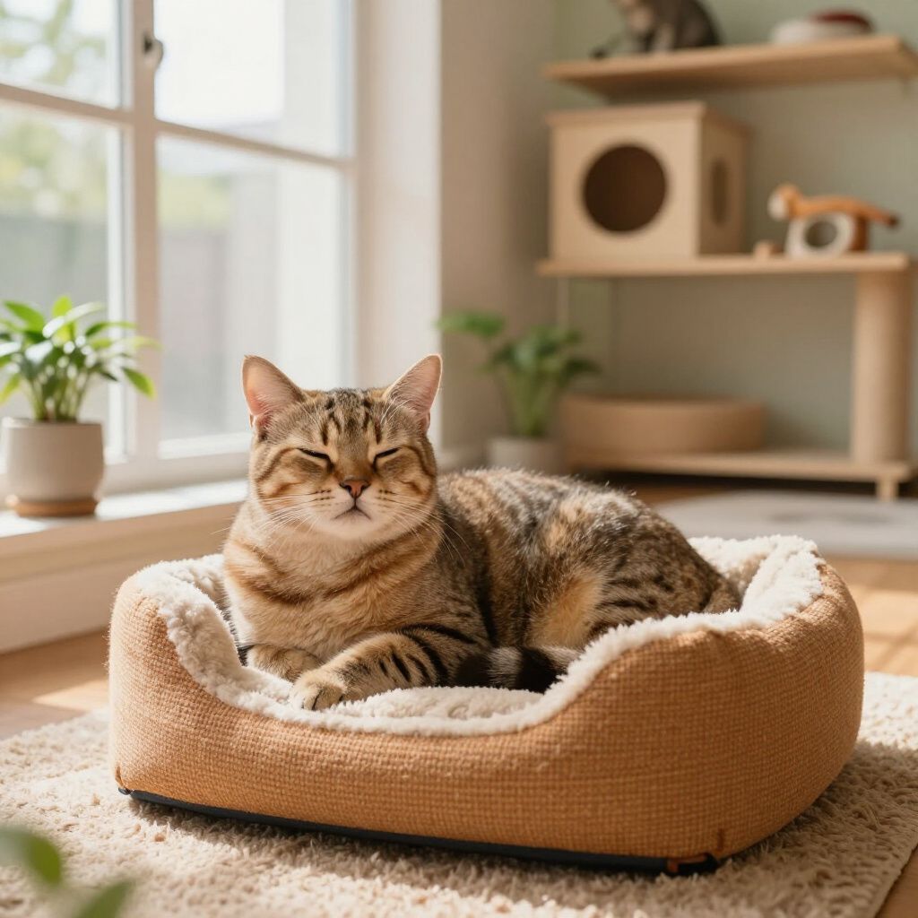 A cat resting comfortably in a tan bed by a window, with cat furniture in the background.