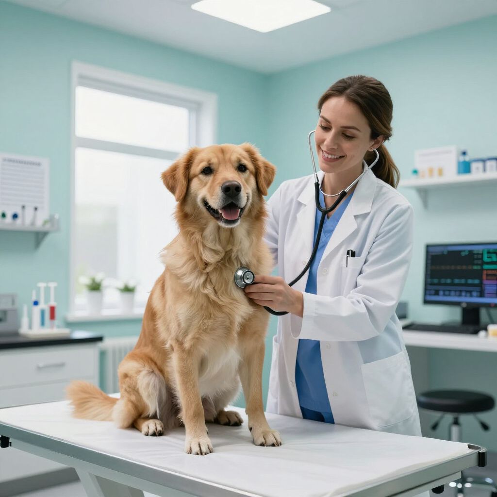 A veterinarian examining a golden retriever with a stethoscope in a clinic. The dog sits on the exam table.