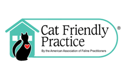 Logo: Cat Friendly Practice, black cat with red heart, teal house, text
